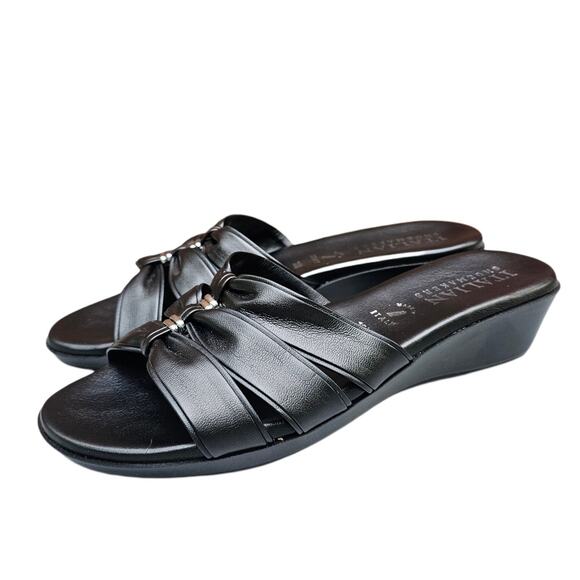 Black Mini Wedge Sandals Italian Shoemakers Bade Size 10 Strappy Slides Silver - Picture 4 of 12